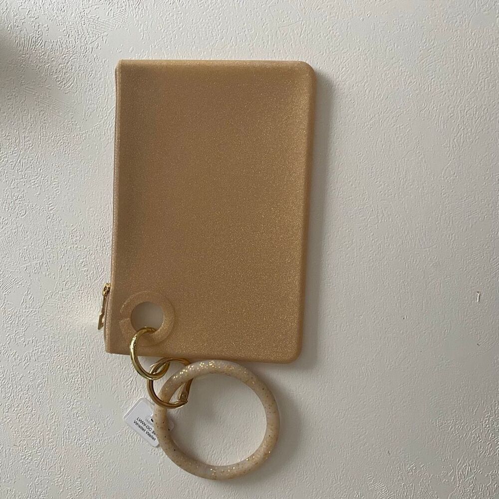 NWT Oventure Glitter Wristlet Wallet Keychain Gold Sparkle Silicone Bracelet Pou